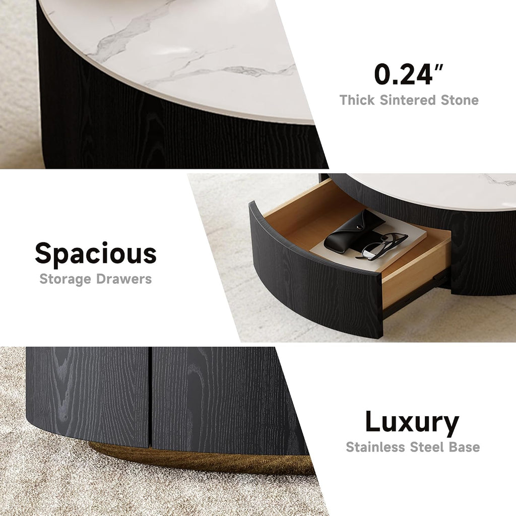 Round Coffee Table with Storage,Modern Sintered Stone & Solid Wood Center Table,Black and White Coffee Tables for Living Room,Apartment【Black,31.5'】