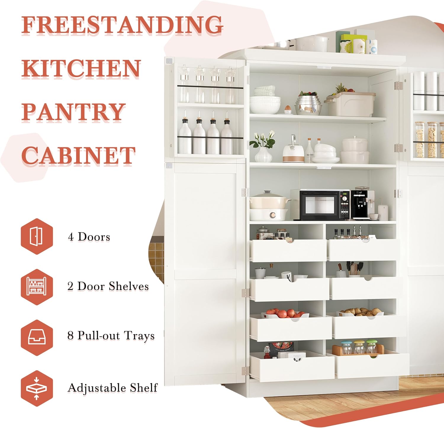 Merax 35.5x17.6x70.9 inches Freestanding Kitchen Pantry Cabinet, Tall Storage Cabinet with 4 Doors, 2 Door Shelves, 8 Pull-Out Trays and Adjustable Shelf for Dining Room, White