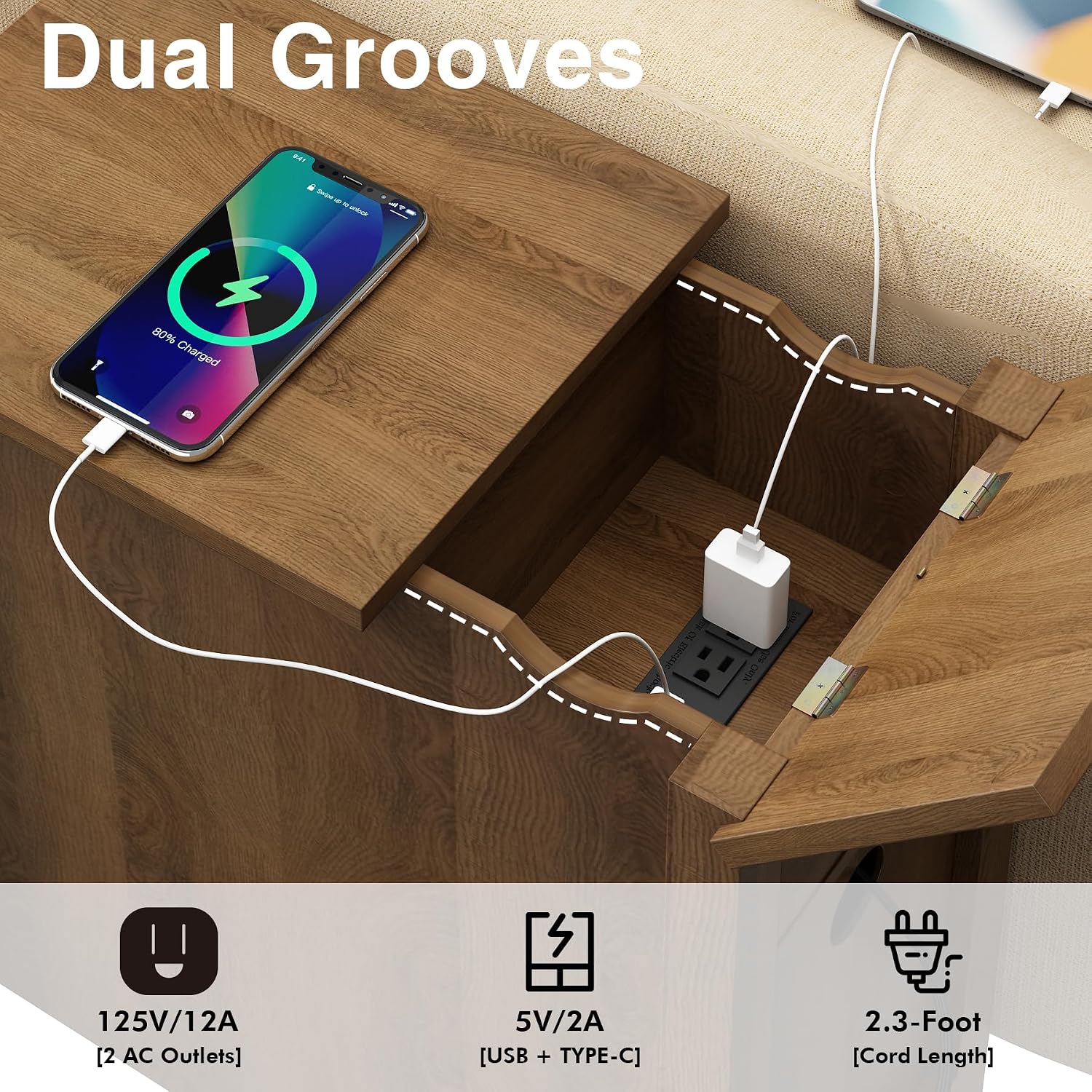 Narrow End Table with Charging Station - Midcentury Rattan Slim Side Table with USB Ports and Power Outlets, Nightstand with Flip Top and Storage Drawer, for Small Spaces Living Room Bedroom, Set of 2