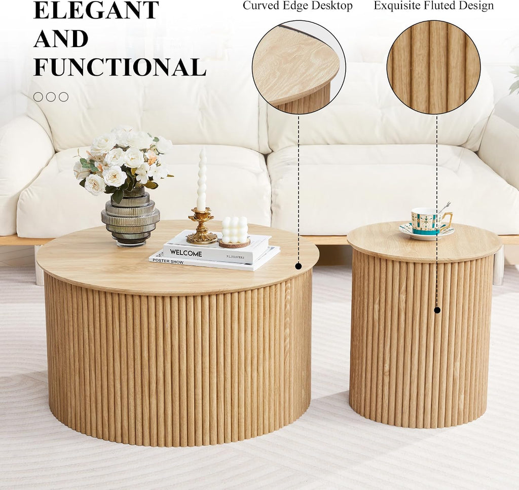 Fluted Round Nesting Coffee Table Set of 2, Mid Century Modern Wood Coffee Table and End Table Set, Minimalist Center Tables Circle Side Table for Living Room, Office(Natural)
