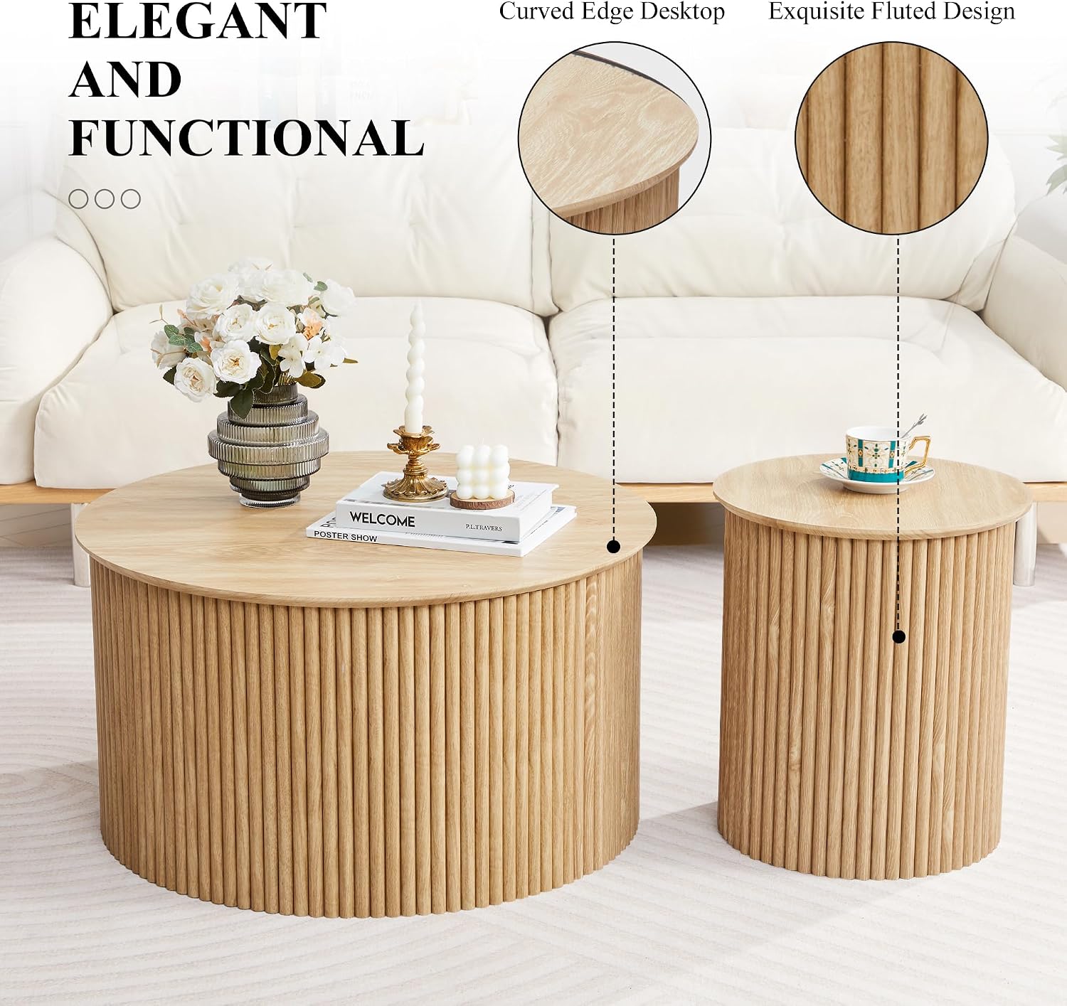 Fluted Round Nesting Coffee Table Set of 2, Mid Century Modern Wood Coffee Table and End Table Set, Minimalist Center Tables Circle Side Table for Living Room, Office(Natural)