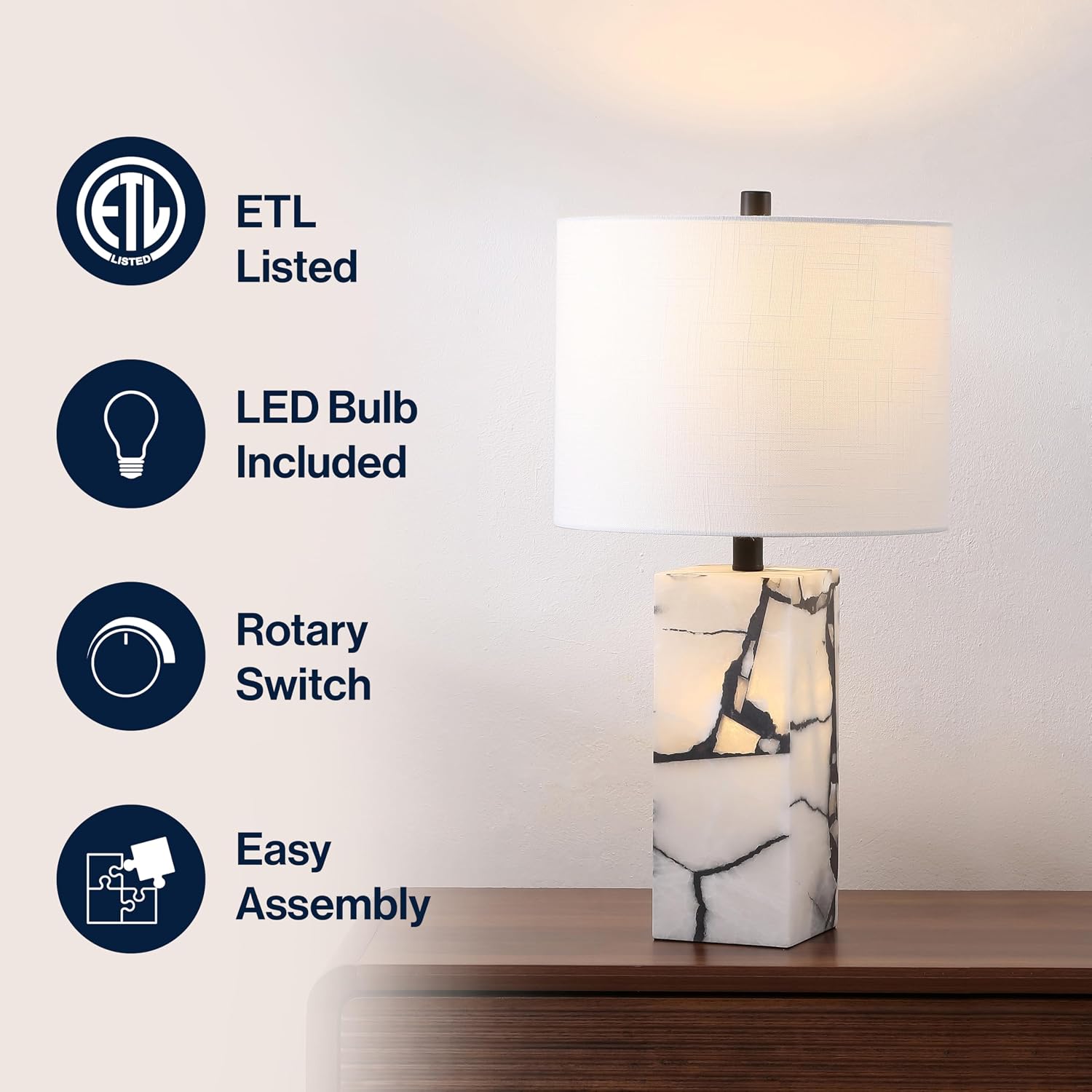 JONATHAN Y 24.25' Black/White Modern Alabaster LED Table Lamp for Home Decor, White Linen Shade, Coastal Nightstand Lamp with Built-in Base Accent Light (JYL8507A)
