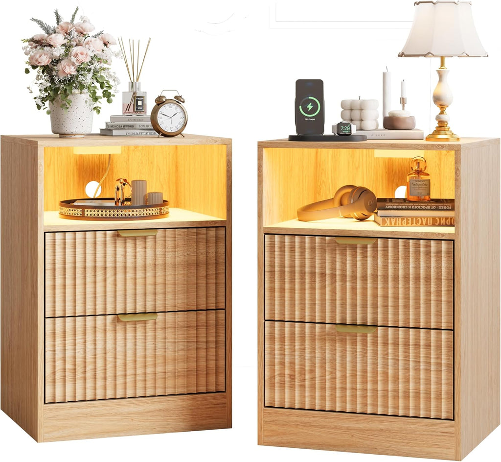 Night Stand Set 2, LED Nightstand with Charging Station, Fluted Nightstands Set of 2 with 2 Drawers, Wood Side Table Living Room, End & Bedside Tables for Bedroom Sofa Office, Natural Oak
