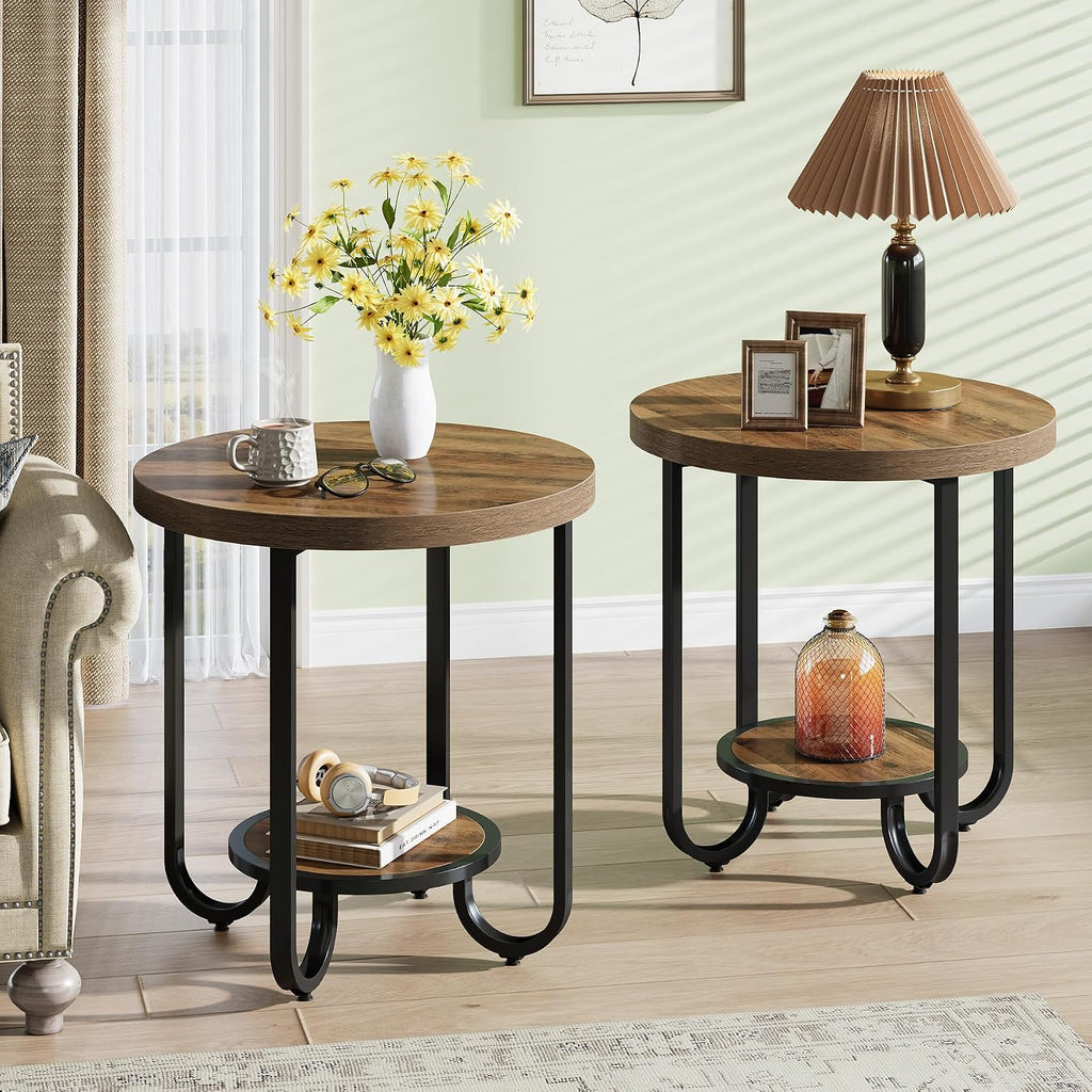 Tribesigns Round End Table with 2-Tier Storage Shelf, Industrial Side Table with Curved Metal Legs, Wood-Grain Accent Coffee Side Stand, Small Nightstand for Living Room, Bedroom, Office, 2PCS