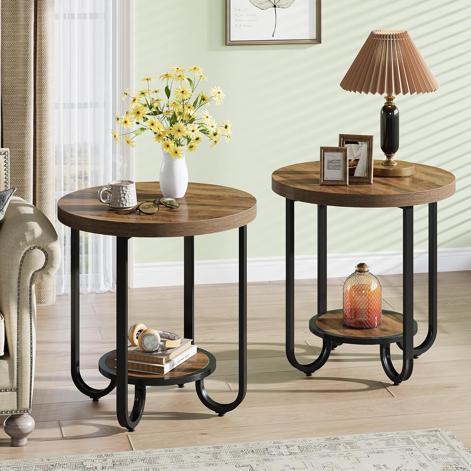Tribesigns Round End Table with 2-Tier Storage Shelf, Industrial Side Table with Curved Metal Legs, Wood-Grain Accent Coffee Side Stand, Small Nightstand for Living Room, Bedroom, Office, 2PCS