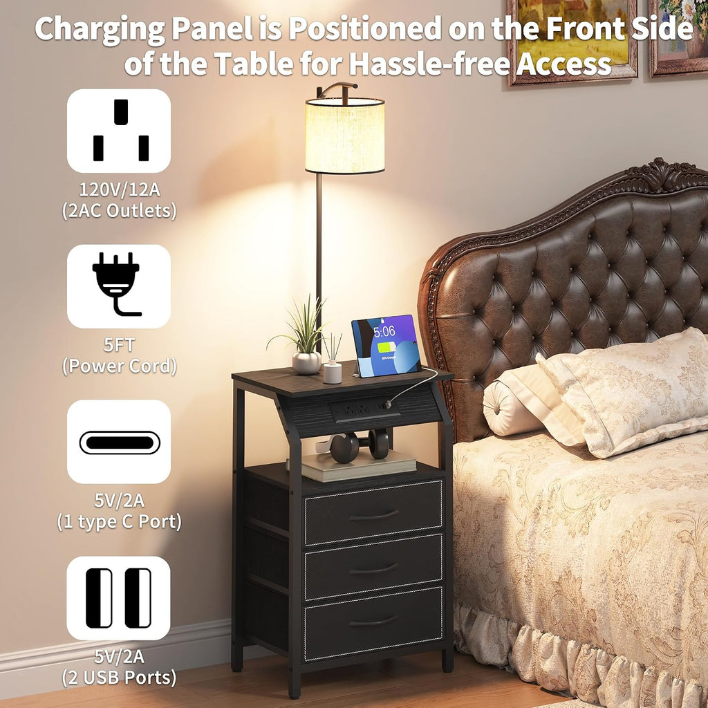 End Table with Floor Lamp Set of 2, Nightstand with Charging Station, Floor Lamp Table with 3-Color Temperature Bulb, Bedside Table Night Stand with 3 Drawers for Bedroom, Living Room, Black