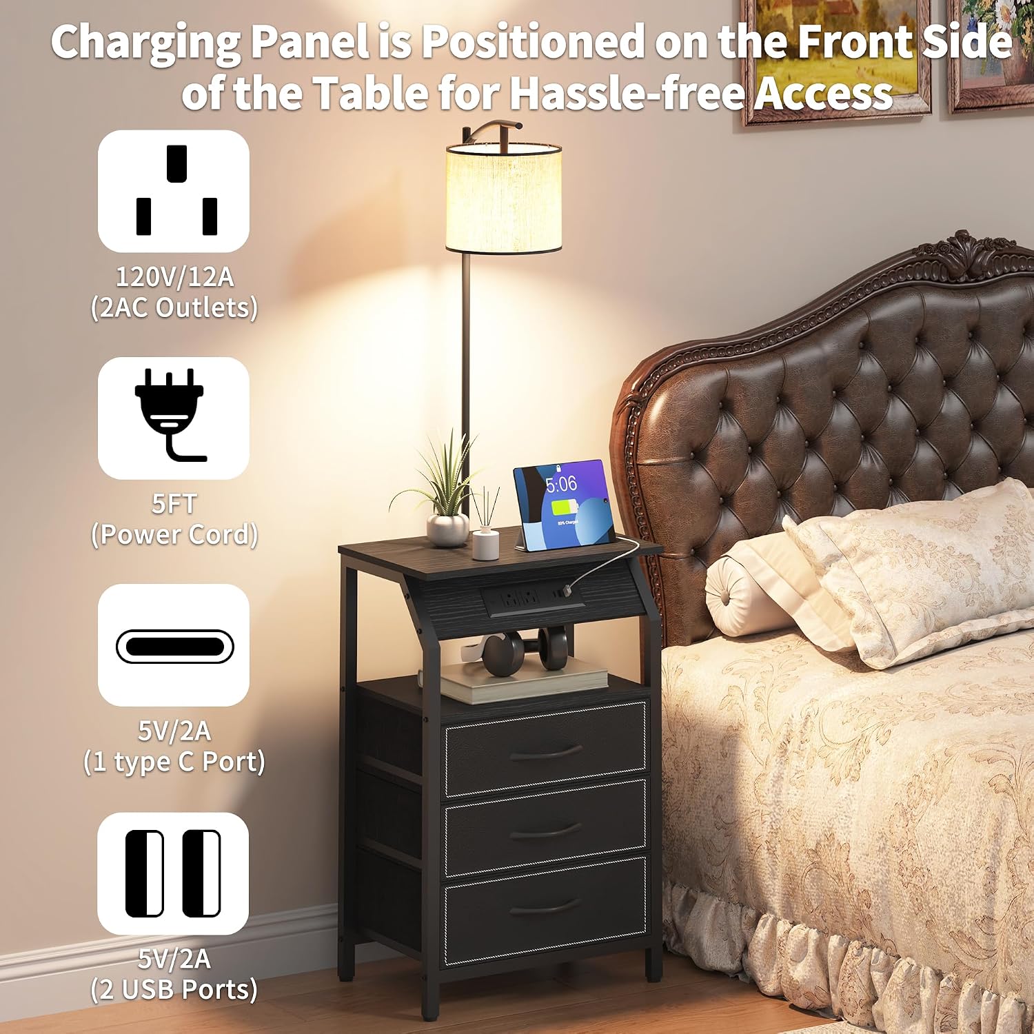 End Table with Floor Lamp Set of 2, Nightstand with Charging Station, Floor Lamp Table with 3-Color Temperature Bulb, Bedside Table Night Stand with 3 Drawers for Bedroom, Living Room, Black
