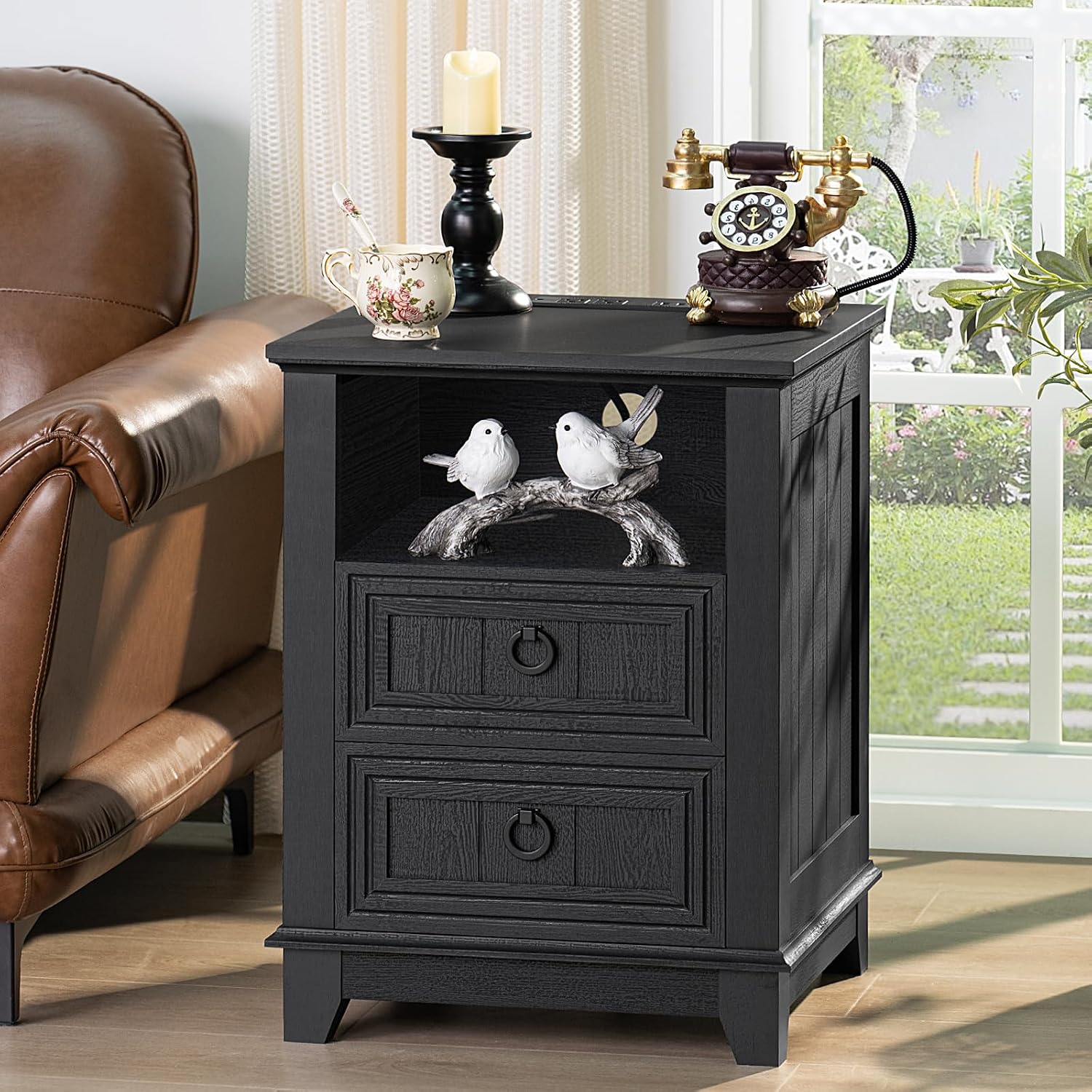 Joaxswe 18' Farmhouse Night Stand with Charging Station, 2 Drawers End Table Dresser for Bedroom, Black Wooden Nightstand, Bed Side Table with Open Shelf, Bedside Cabinet for Living Room, Closet