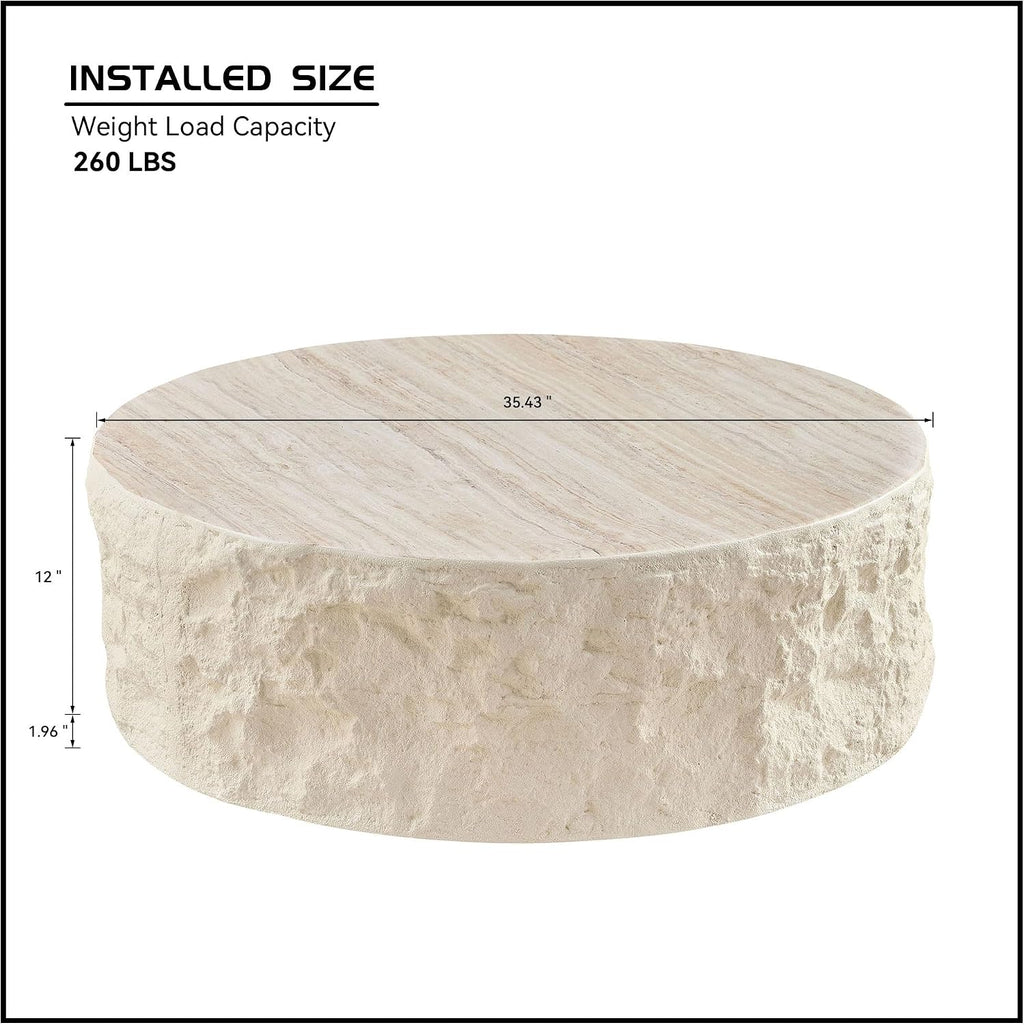 Round Coffee Table for Living Room Circle Coffee Table Modern Drum Center Table for Apartment, No Need Assembly (Fiberglass 35.43'' Cement Stone Pattern) | for Living Room