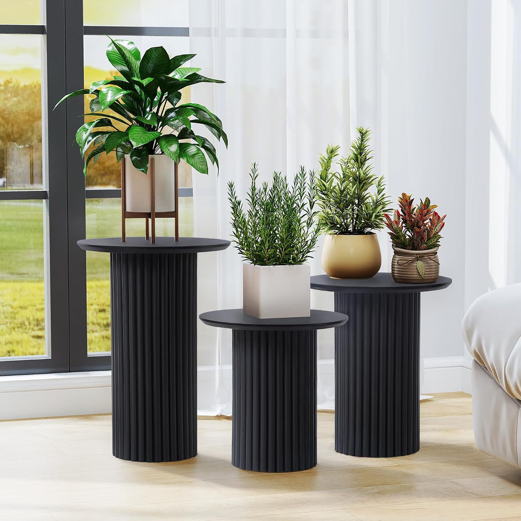 Bifins Round Nesting Coffee Table Set of 3,Mid Century Modern Fluted Coffee and End Table Set,Small Circle Wooden Side Table Drink Table for Living Room (Black)
