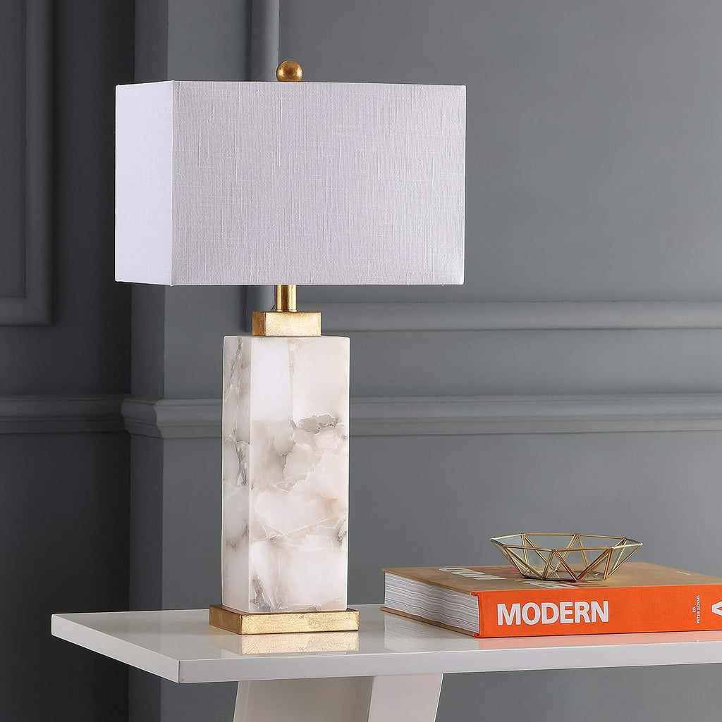 JONATHAN Y 27.5' White/Gold Modern Alabaster Rectangular Table Lamp with Night Light Contemporary Coastal Bedside Lamp for Bedroom with White Linen Shade LED Bulbs Included JYL6201A