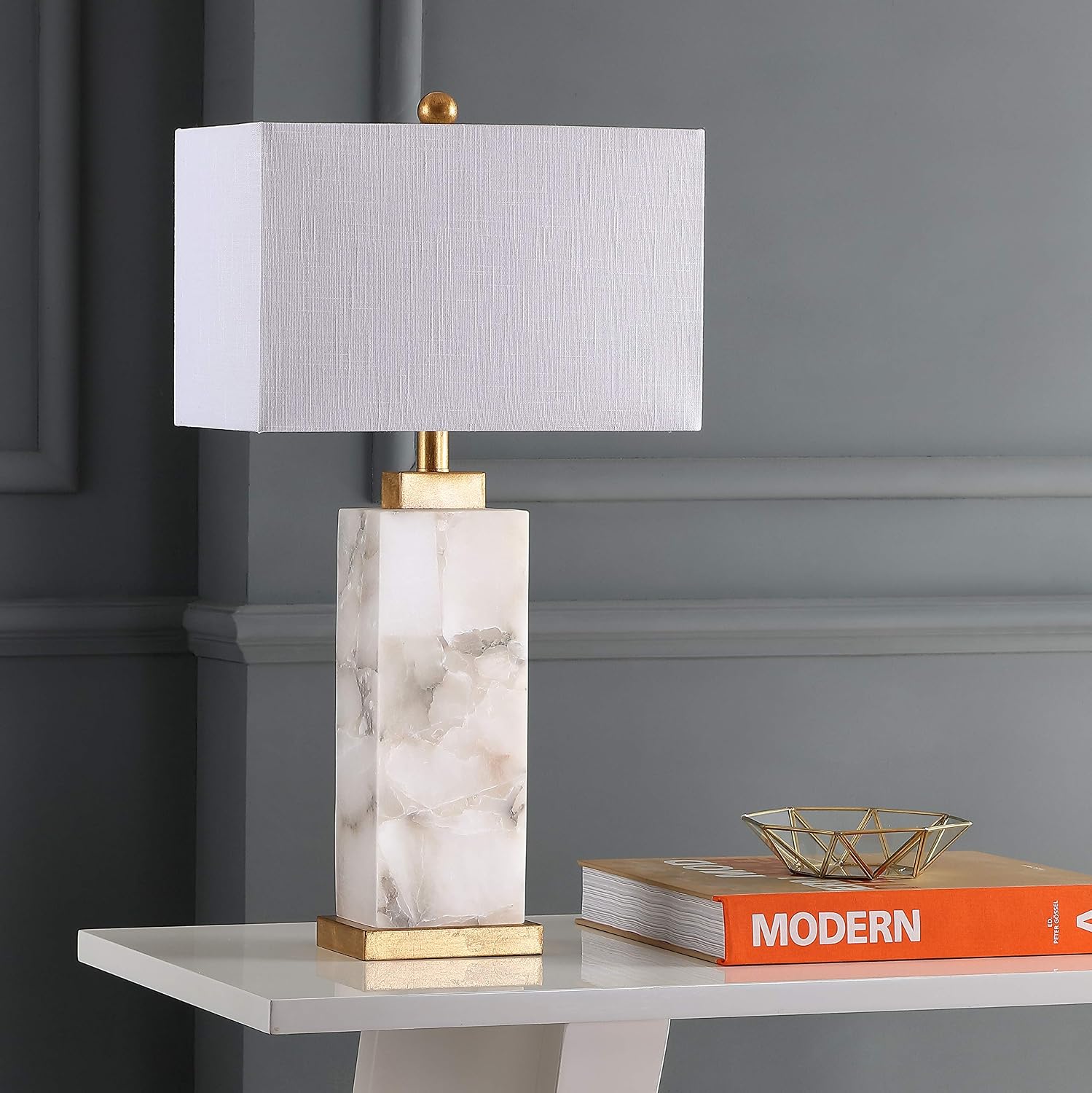 JONATHAN Y 27.5' White/Gold Modern Alabaster Rectangular Table Lamp with Night Light Contemporary Coastal Bedside Lamp for Bedroom with White Linen Shade LED Bulbs Included JYL6201A