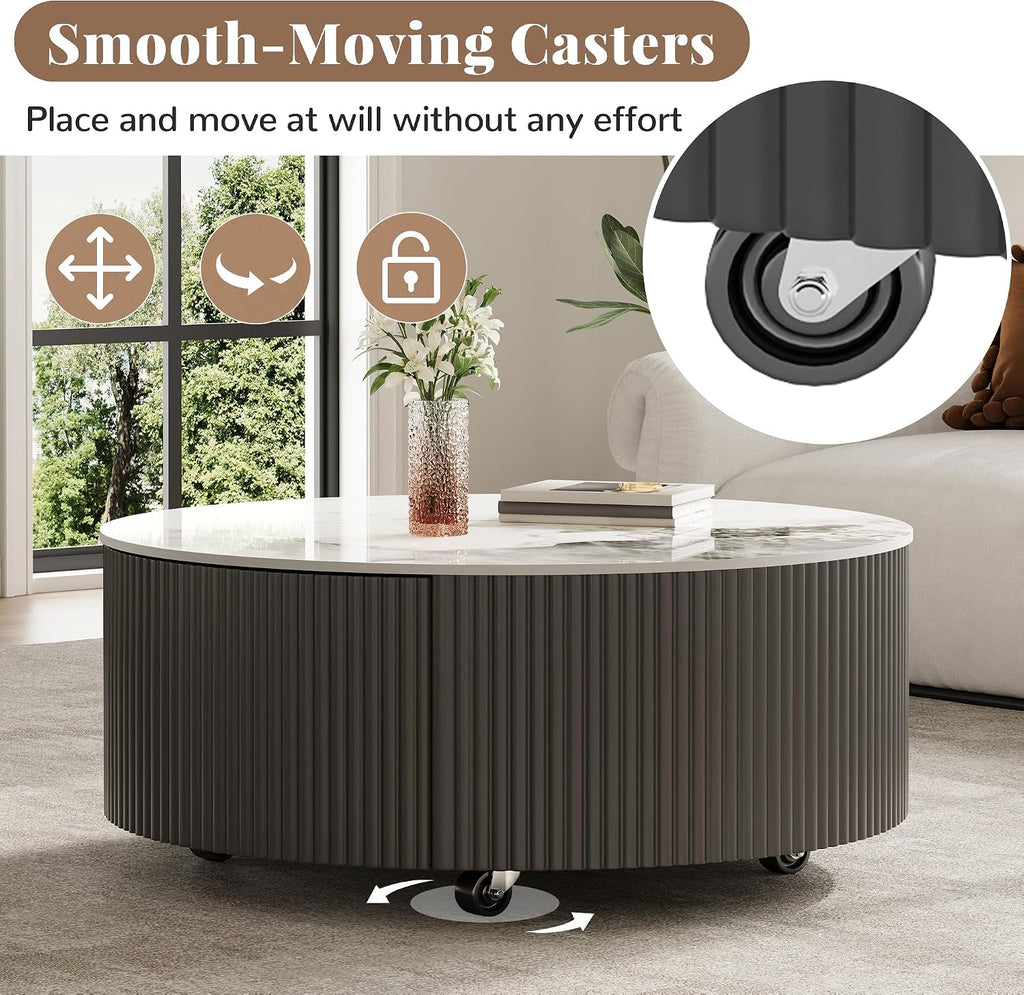Merax 29.5' Round Fluted Coffee Table for Living Room, Movable Accent Table with Casters and 2 Storage Drawers, Marble Pattern Sintered Stone Top, Black and White