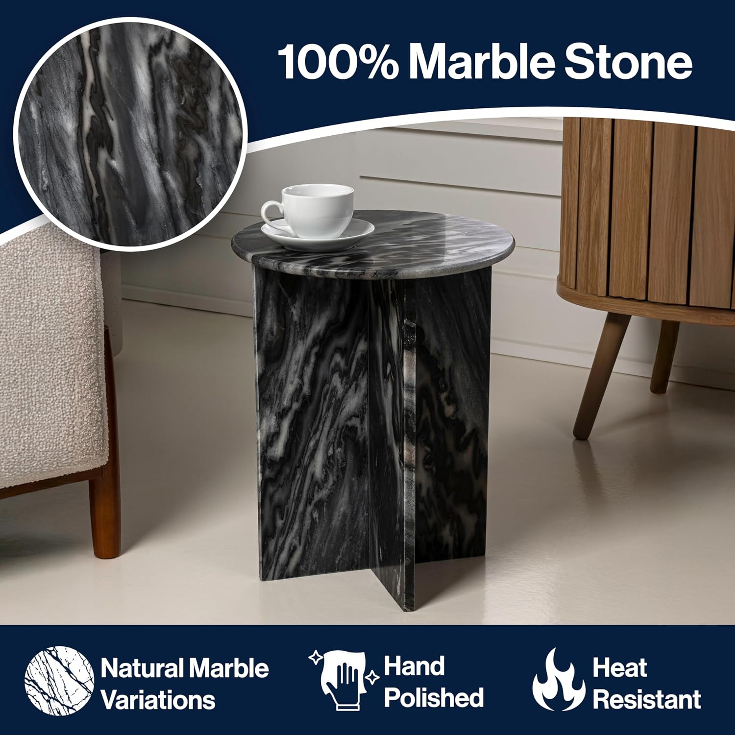 JONATHAN Y MTB1103B Javier 17.75' Contemporary Natural Marble Handmade X-Shaped End Table for Living Room, Bedroom, Bathroom, Black/Gray