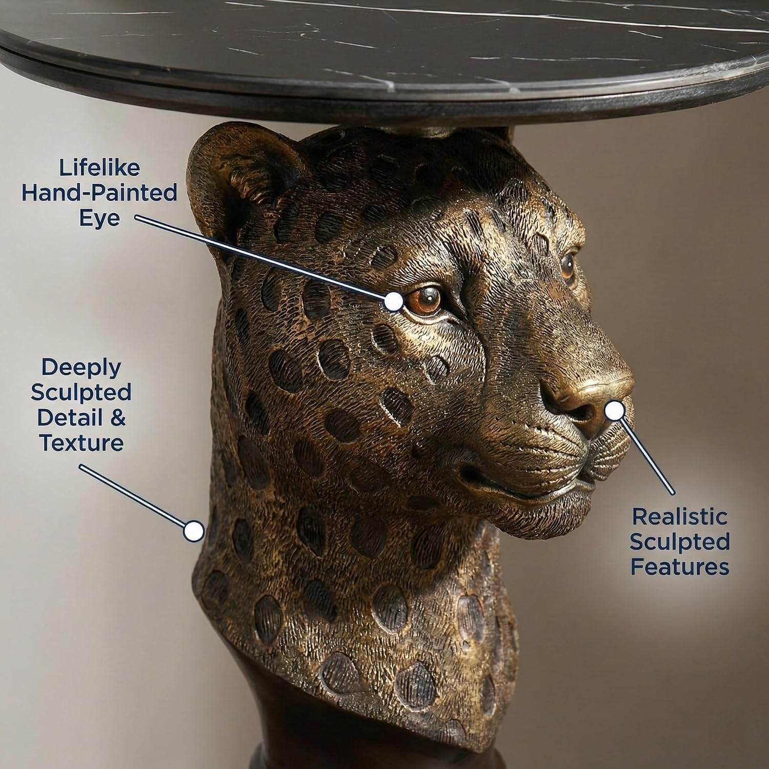 Leopard Head Sculptural Accent Table for Living Room & Entryway, 19.69' D x 24.80' H, Resin Animal End Table, Waterproof Outdoor Decor, Unique Gift for Housewarming
