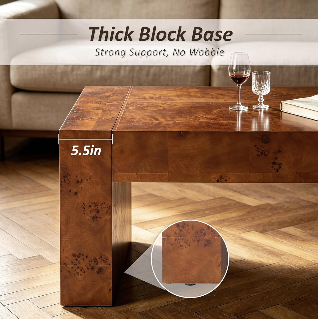 COZAYH Modern Burl Finish Coffee Table, Wood Block Center Table with Thick Legs, Minimalist Rectangular Cocktail Table for Living Room, Dark Brown