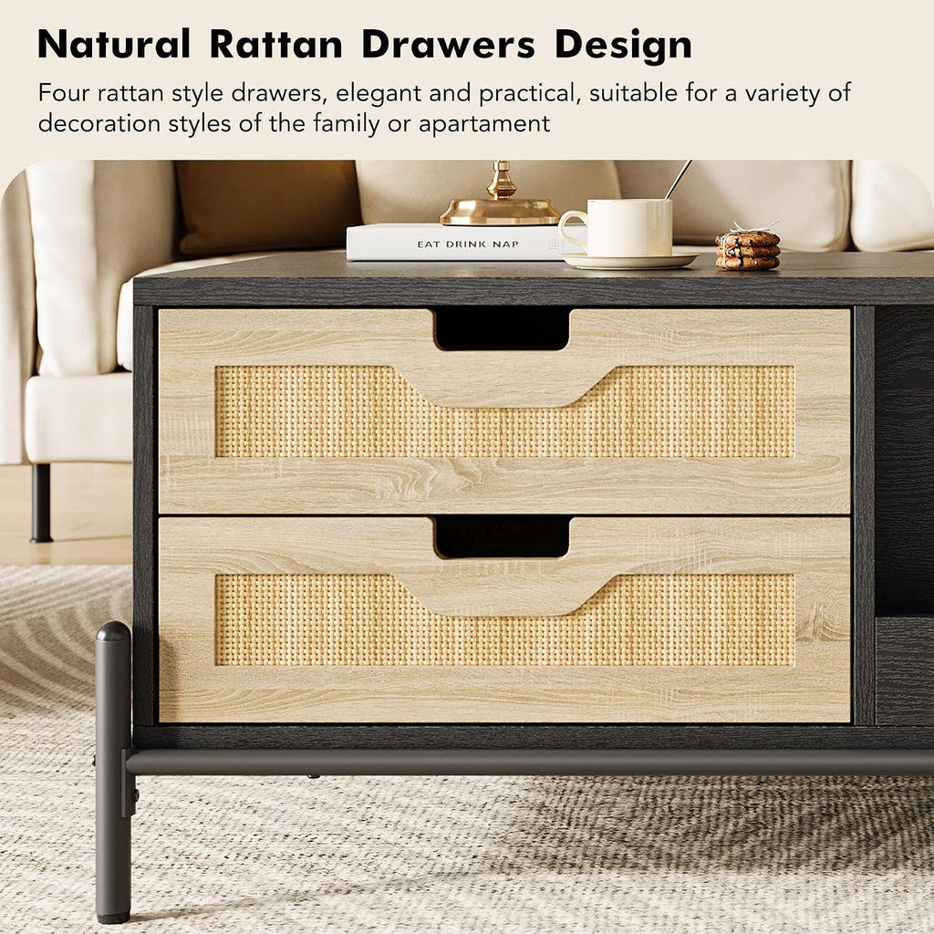 GarveeHome 40.7' Coffee Table with LED Lights for Living Room, Modern Coffee Tables with 4 Drawers and Open Storage Shelf, Farmhouse Coffee Table with Study Metal Legs，Black+Oak
