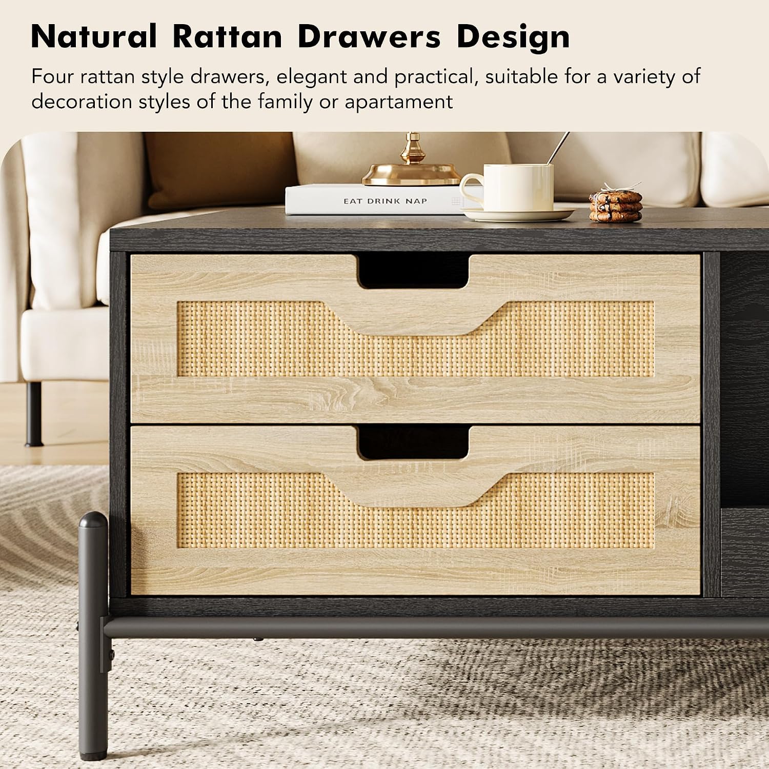 GarveeHome 40.7' Coffee Table with LED Lights for Living Room, Modern Coffee Tables with 4 Drawers and Open Storage Shelf, Farmhouse Coffee Table with Study Metal Legs，Black+Oak
