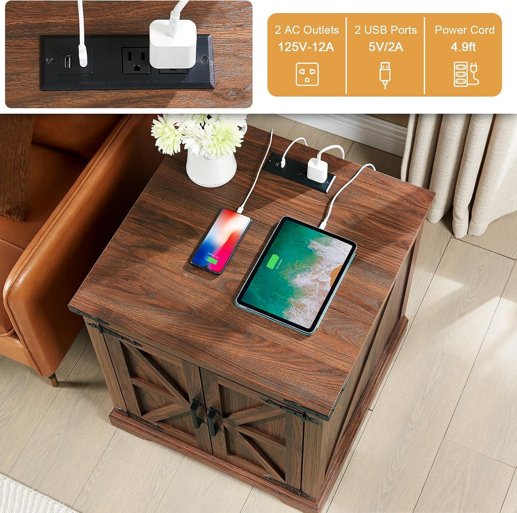 Barnyatoh Farmhouse End Table with Charging Station,Large Side Table with Barn Door, Rustic Wood Square Nightstand Bedside Table with Adjustable Storage Shelf for Living Room, Bedroom,Walnut 2-Pack