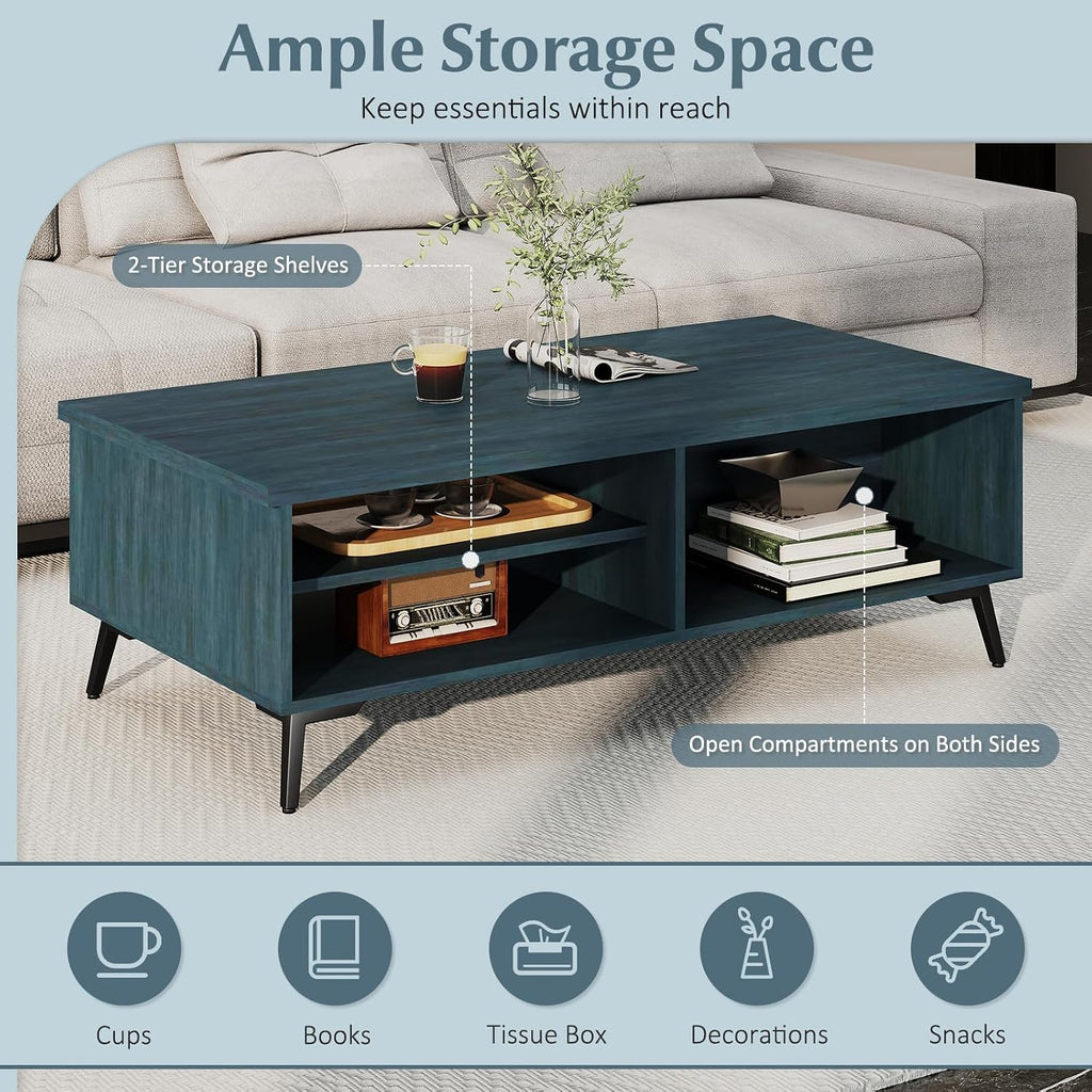 Giantex Mid Century Modern Coffee Table, 2-Tier Wood Rectangular Center Table with Open Storage Shelves, Compartments & Metal Legs, Vintage Living Room Tables for Reception (Charcoal Blue)