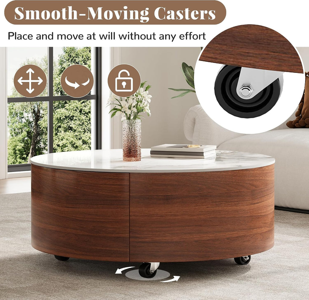 Merax 29.5' Round Coffee Table for Living Room, Movable Accent Table with Casters and 2 Storage Drawers, Marble Pattern Sintered Stone Top, Walnut