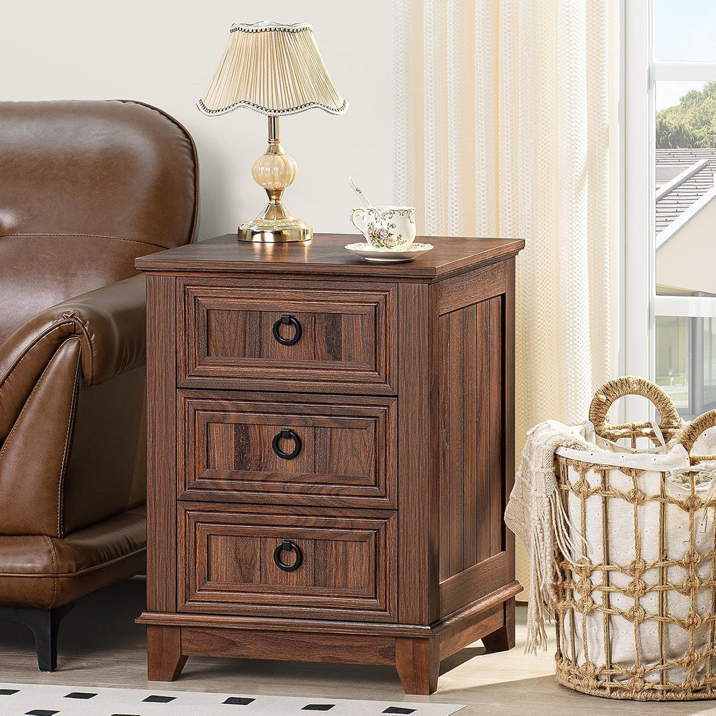 Joaxswe 18' Farmhouse Night Stand with 3 Drawers, Wood End Table Dresser for Bedroom, Retro Nightstand, Bed Side Table with Metal Handle, Bedside Cabinet for Bedroom Living Room, Closet