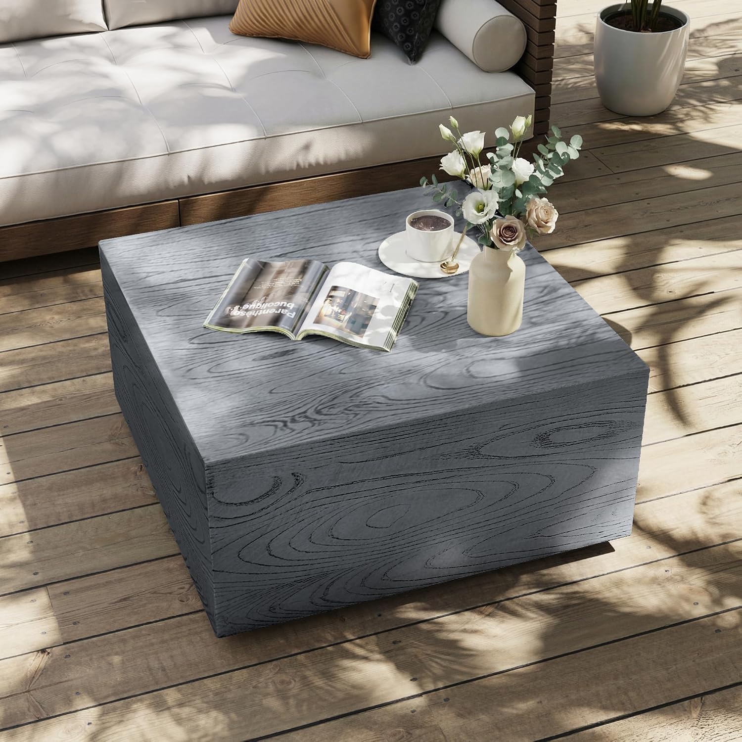 UPHA 28' Square Outdoor Coffee Table, Modern Hollow Concrete Patio Table, Small Minimalist Low Accent Table for Living Room, Balcony, Deck, Backyard, Gray Wood Finish