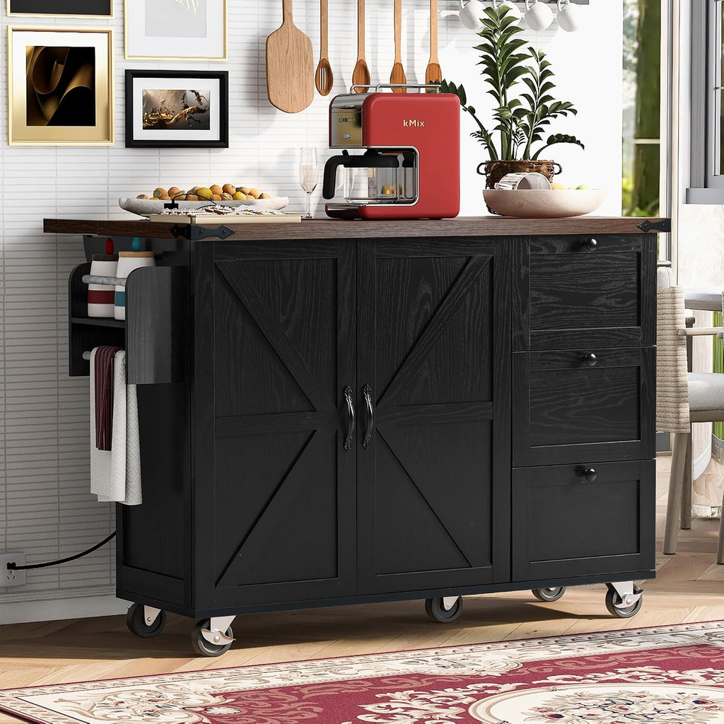 54.5' Farmhouse Mobile Kitchen Island with Power Outlet, Drop Leaf, Spice Rack and Drawer - Rolling Kitchen Cart with Ample Storage, Rustic Storage Islands for Home and Dining Room