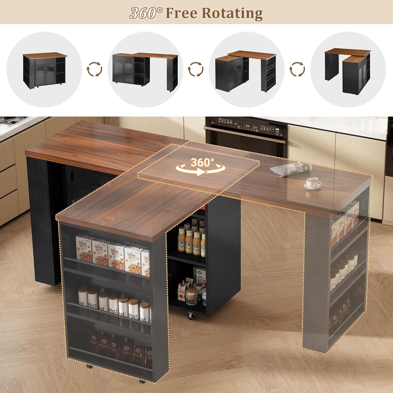 LYNCOHOME 71.1' Rolling Kitchen Island with 360° Rotating Tabletop, Mobile Lockable Wheels & Adjustable Shelves, Multifunctional Storage Cart for Kitchen & Dining（Black）