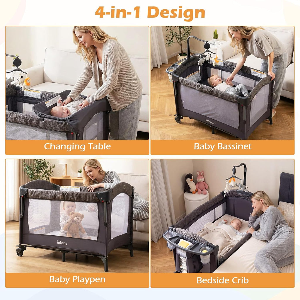 INFANS 4 in 1 Baby Bassinet, Converts Pack and Play to Portable Bedside Crib Sleeper with Diaper Changer, Mattress, Carry Bag, Music Box, Hanging Toys for Infants Toddlers(Grey)