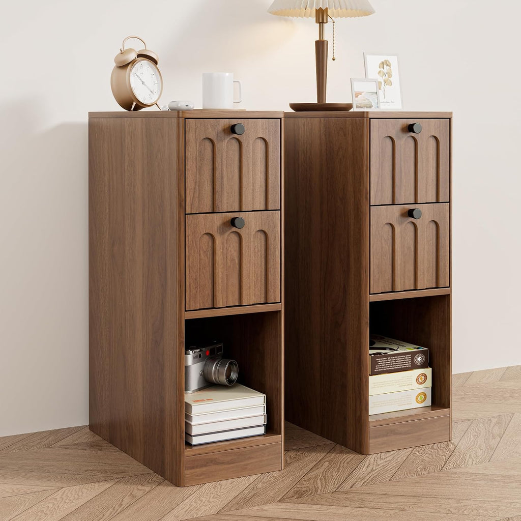 Narrow Walnut Nightstand Set of 2, Small Bedside Table with Arched Drawer, Wood Nightstand, Skinny Side End Table, Mid Century Modern Night Stand for Bedroom, Small Spaces, Slim, Vintage