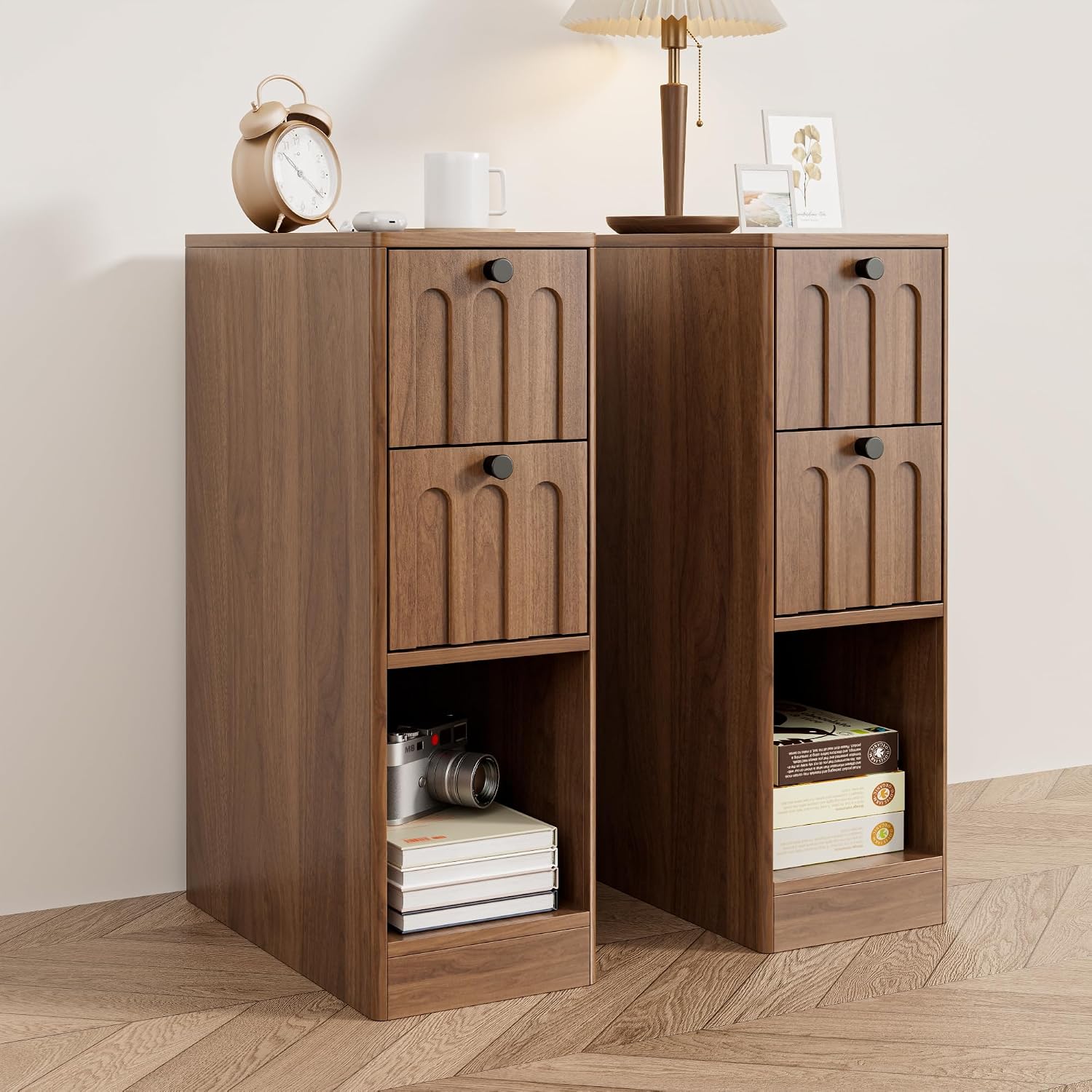 Narrow Walnut Nightstand Set of 2, Small Bedside Table with Arched Drawer, Wood Nightstand, Skinny Side End Table, Mid Century Modern Night Stand for Bedroom, Small Spaces, Slim, Vintage