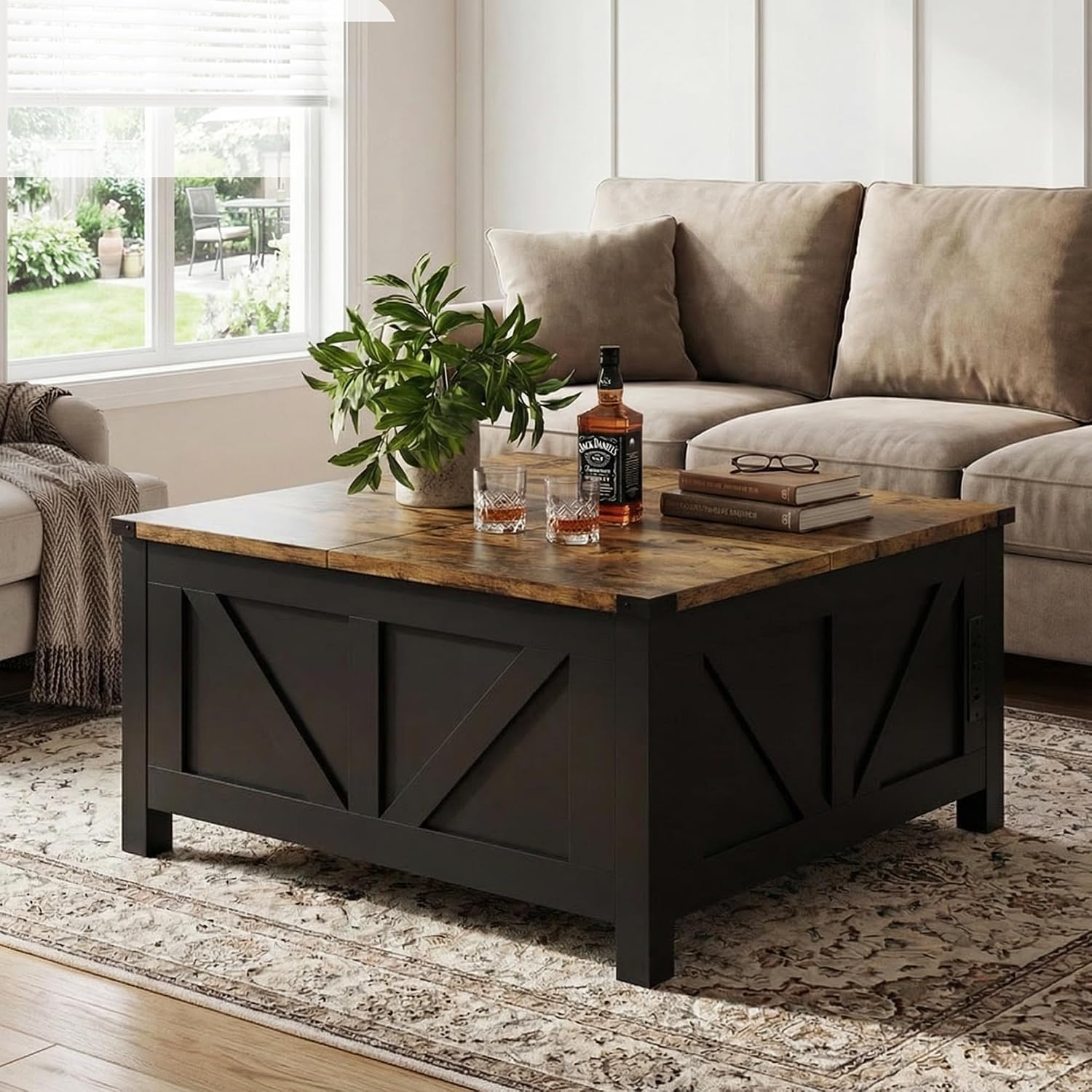 35' Farmhouse Coffee Table with Large Storage, Rustic Wood Lift Top Coffee Table for Living Room, Square Center Table with Charging Station&USB, Modern Port Pottery Barn Lift top Table