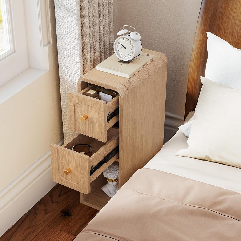 Small Nightstand Set of 2, Wooden Narrow Nightstands with 2 Drawers, Vintage Side End Table for Small Spaces, Skinny Night Stand, Bedside Table for Bedroom, Living Room (Natural-2PCS)