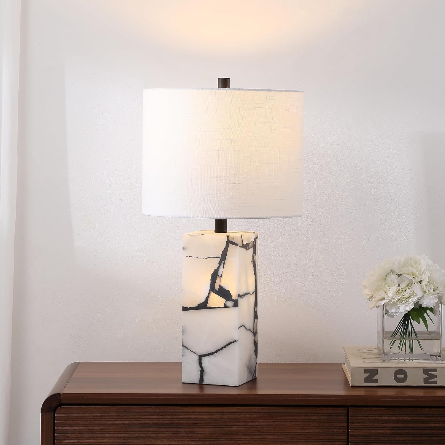 JONATHAN Y 24.25' Black/White Modern Alabaster LED Table Lamp for Home Decor, White Linen Shade, Coastal Nightstand Lamp with Built-in Base Accent Light (JYL8507A)