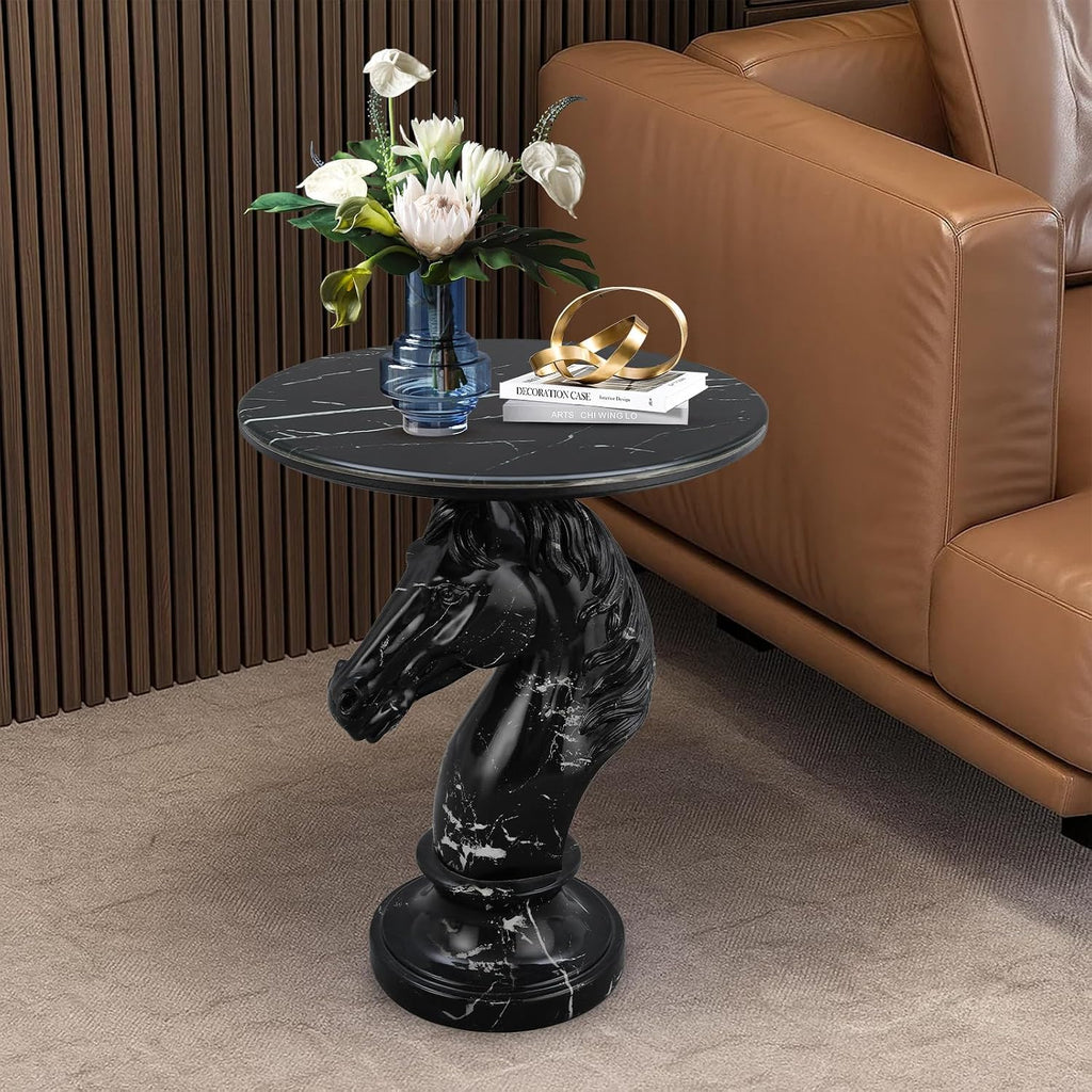 Modern Accent Table Living Room Horse Statue Black Stripe Contemporary‌ Faux Marble Night Stand Side Table with Horse Head Base Reception Area & Bedroom（Width 19.69' ——Tall 24.8'）