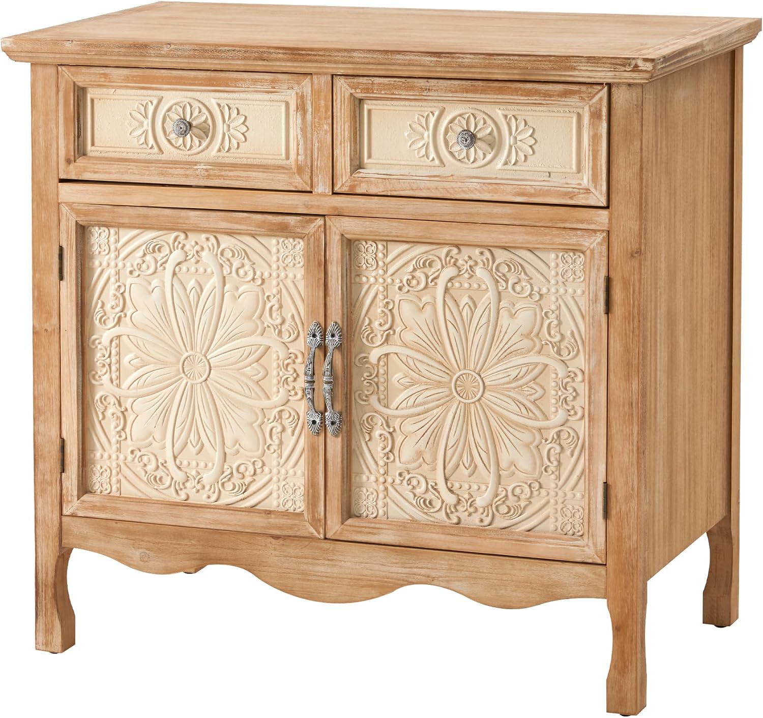 RoyalCraft Solid Wood Nightstand, Vintage Side Table with 2 Doors and 2 Drawers, Large End Table with Storage, Bedside Table for Bedroom, Living Room, French Romance Design, (Natural)