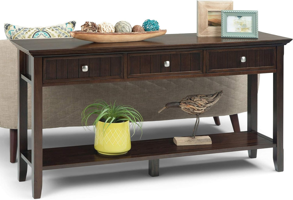 SIMPLIHOME Acadian Console Table - 60 Inch Wide Solid Wood Sofa Table in Brunette Brown, Transitional Storage Table for Entryway or Living Room with 3 Drawers and Open Bottom Shelf