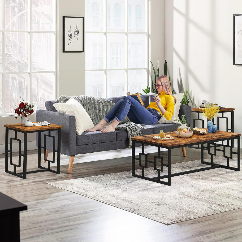 DKLGG 3-Piece Vintage Wood Coffee Table Set with 2 End Tables - Modern Industrial Design, Square Tabletop & Rustic Brown Finish - Perfect for Living Room, Apartment, Home Office, Rustic Brown