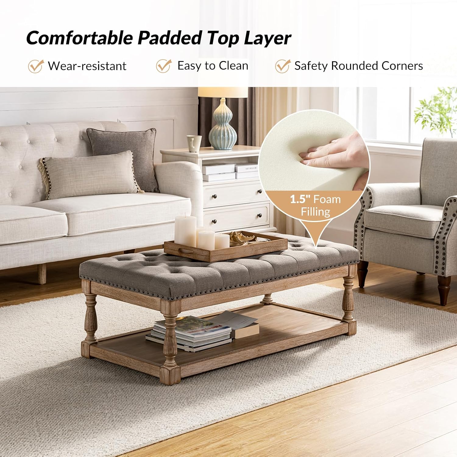 HULALA HOME Rectangle Ottoman Coffee Table with Tray, Large Tufted Fabric Coffee Table with Wood Shelf Storage for Living Room, Grey