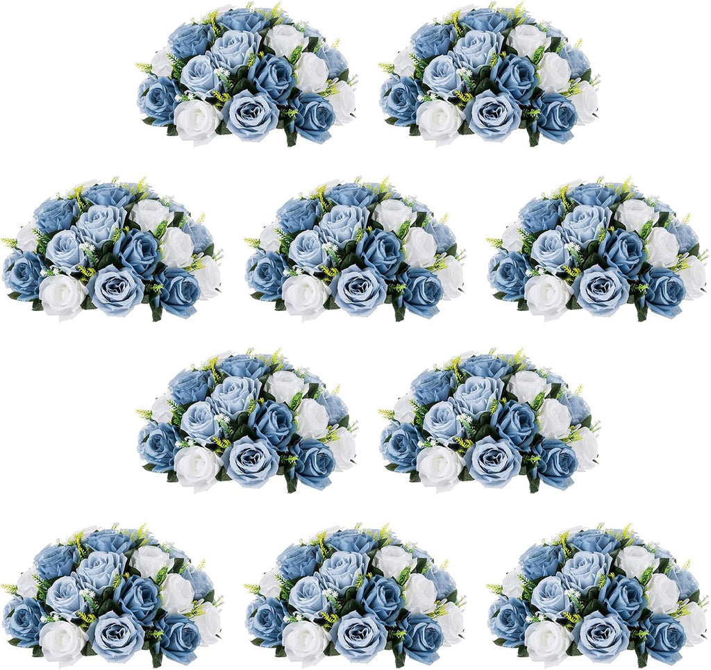 NUPTIO Artificial Flower Centrepieces for Tables - 10 Pcs Dusty聽Blue & White Fake Flowers Roses Balls 13.8in Diameter - Silk Faux Rose Arrangement for Wedding Party Centerpiece Table Decorations