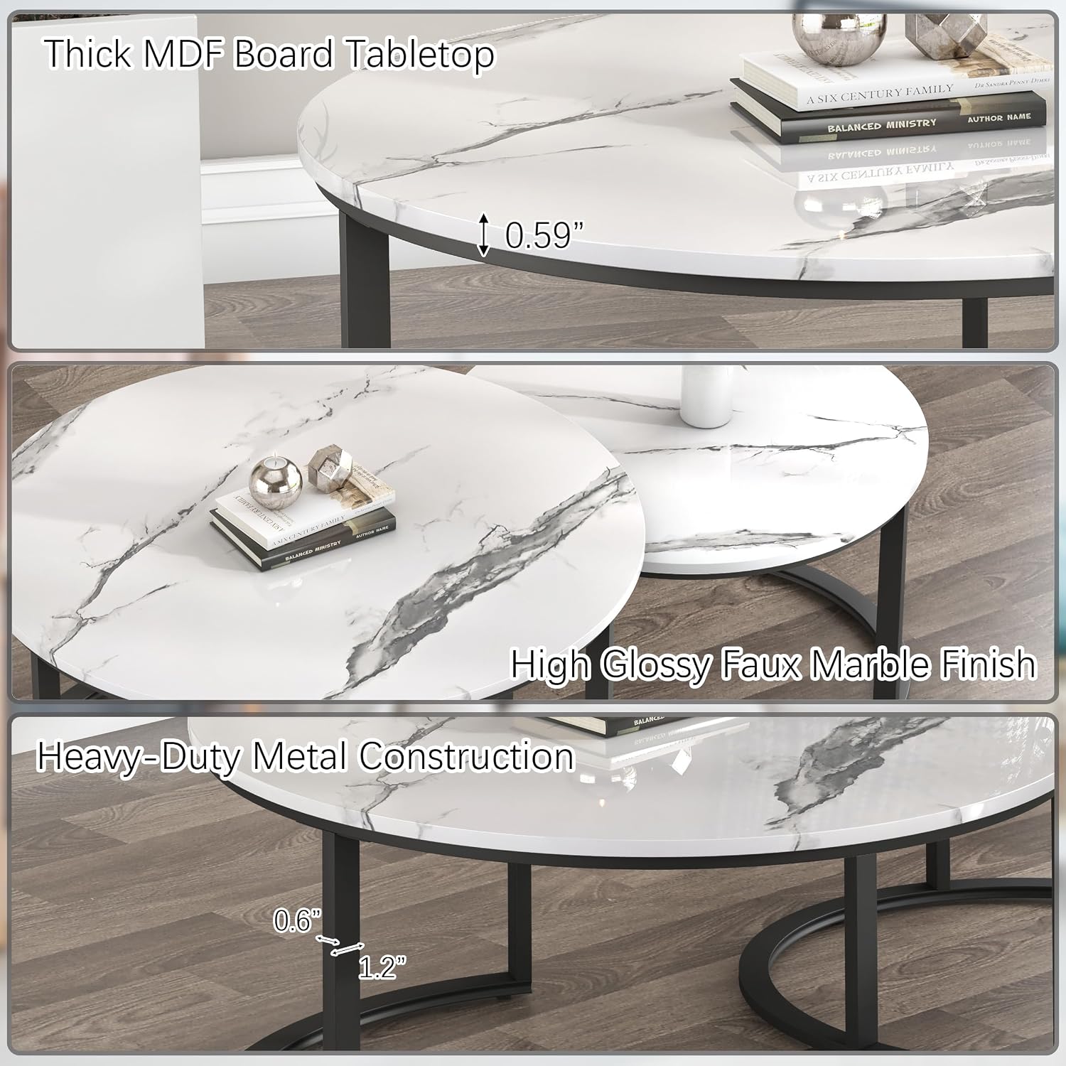 WiberWi Round Coffee Table Nesting Tables Set of 2, Large : Ø 33.5', Small : Ø 25.7', Modern Design Coffee Tables for Living Room, Metal Frame Circle Cocktail Table, High Glossy Faux White Marble