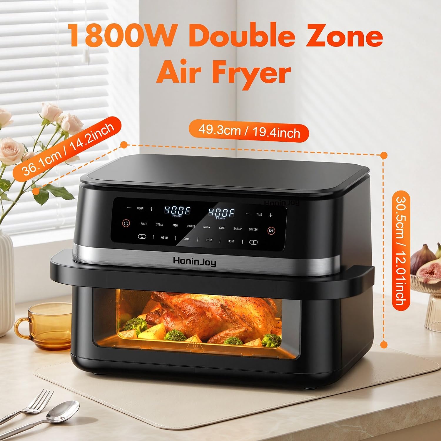 Dual Basket Air Fryers with Flex Basket, 12QT Double Air Fryer with Viewing Window & 50PCS Paper Liners, for 10 People, 12-in-1 Digital Panel with Sync & Light, for Bake, Roast, Reheat,Dishwasher Safe