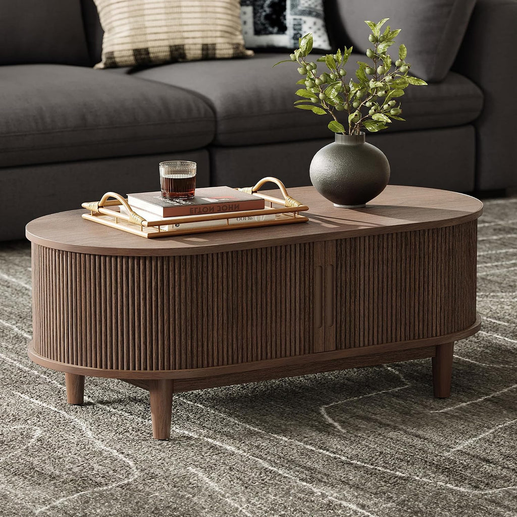 LINSY HOME Oval Coffee Table, Wood Coffee Table with Storage, Fluted Accent Center Table with Sliding Tambour Door, 39' Mid Century Modern Coffee Tables for Living Room, Bedroom, Apartment, Walnut