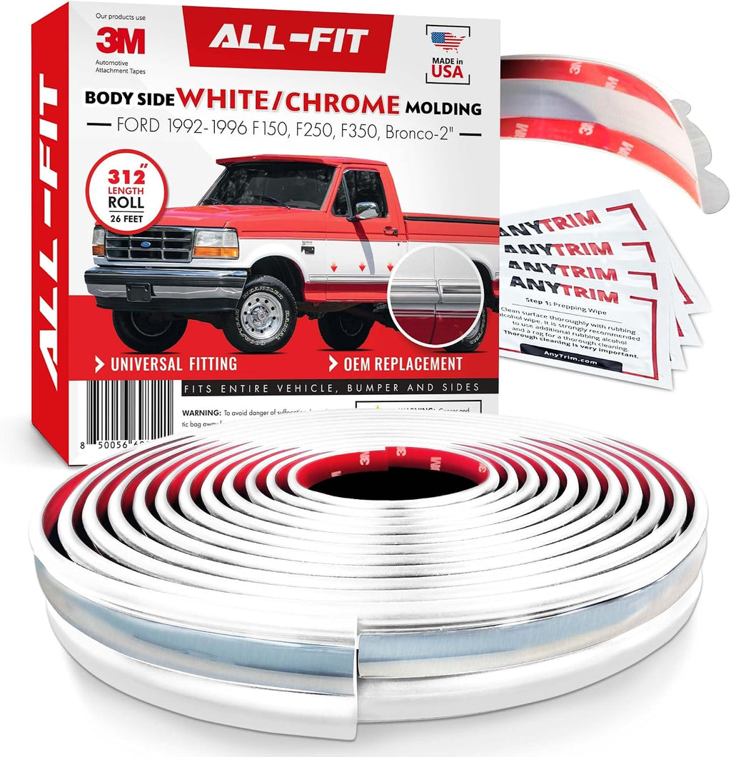 All-Fit Automotive Replacement Old Style Body Side Molding (2') – OEM Grade White and Chrome Trim Fits 1992–1997 Ford F150, F250, F350 & Bronco OBS – Easy to Install Truck Accessories (26 Ft Roll)