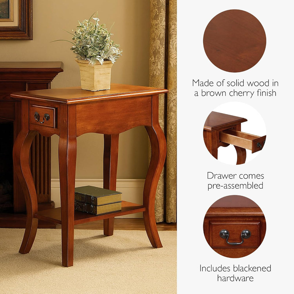 Leick Home 9018-BR One Drawer French Cabriole Leg Side Table with Shelf, Brown Cherry