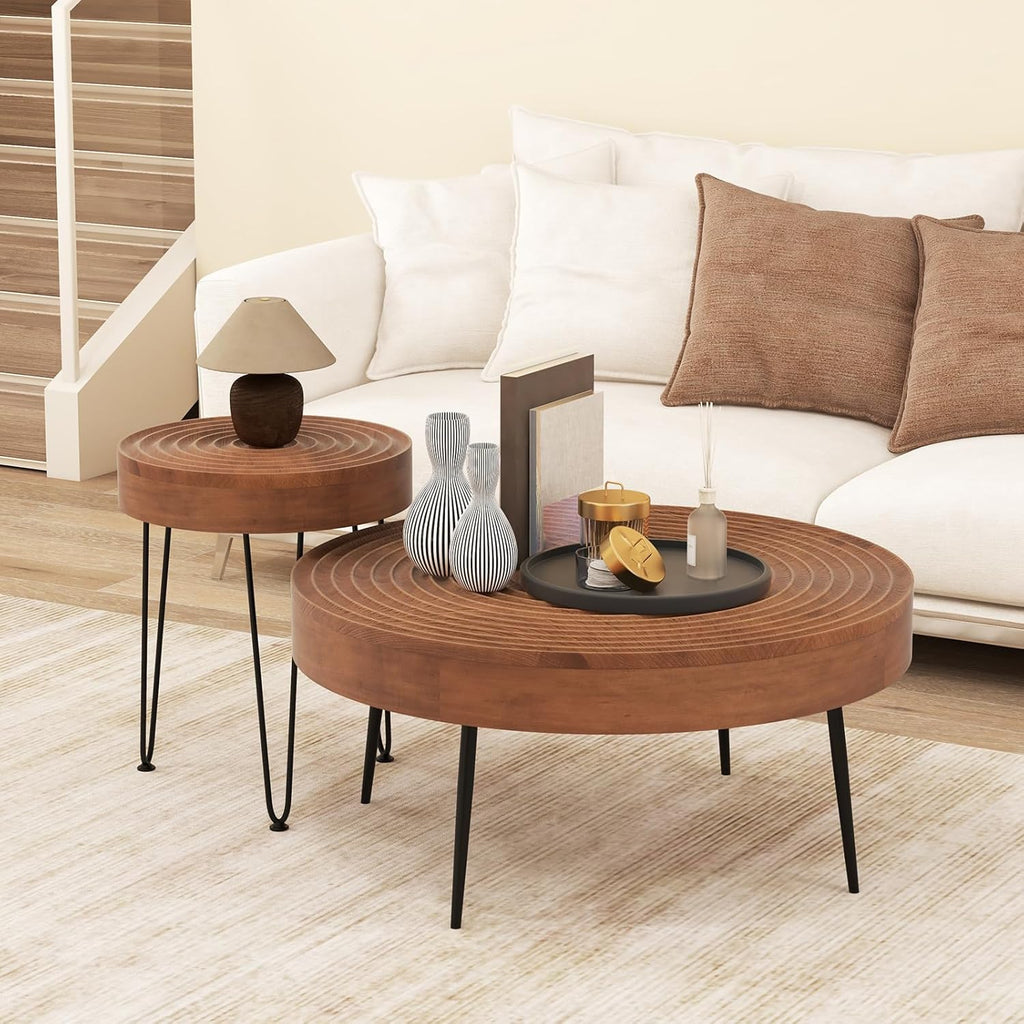 Giantex Boho Round Coffee Table Set of 2, Sofa Side Nesting Table with Solid Pine Wood Top, Metal Legs & Adjustable Foot Pads, 31.5' D Large Table Set for Living Room (Ring Pattern, Brown)