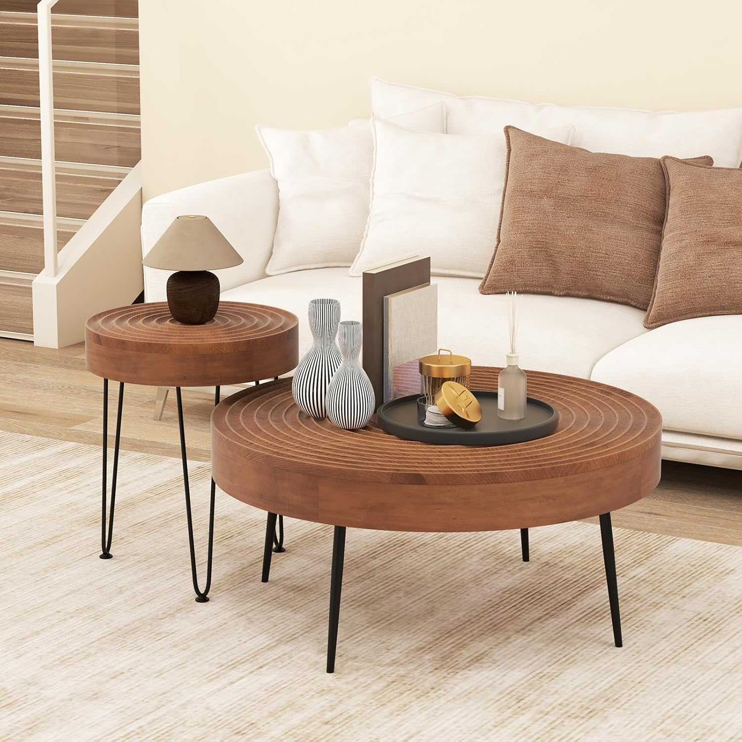 Giantex Boho Round Coffee Table Set of 2, Sofa Side Nesting Table with Solid Pine Wood Top, Metal Legs & Adjustable Foot Pads, 31.5' D Large Table Set for Living Room (Ring Pattern, Brown)