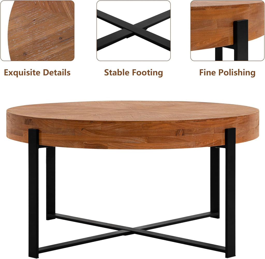 33.86' Round Coffee Table with X-Shaped Black Metal Legs, Solid Wood Circle Table for Living Room, Retro Circular Table, Natural+Black