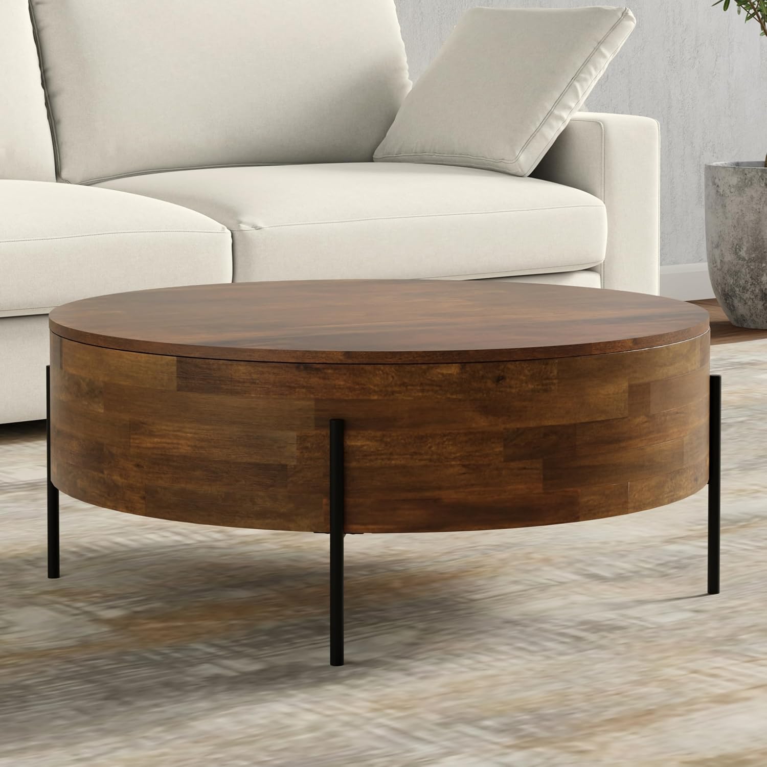 SIMPLIHOME Rayburn Drum Coffee Table - 38 inch Wide Solid Mango Wood Round Living Room Table in Walnut Brown, Modern Urban Center Table for Family Room with Black Metal Legs and Large Surface